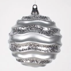 8 Inch Christmas Candy Glitter Wave Ball Ornament: Silver