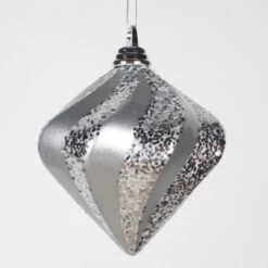 6 Inch Candy Glitter Swirl Christmas Diamond Ornament: Silver
