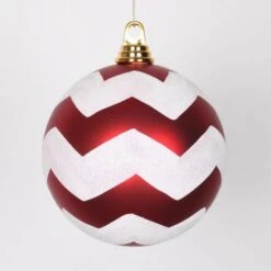 5.9 Inch White/Red Glitter/Matte Chevron Ball Ornament