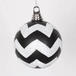 4.75 Inch Black, White Matte Glitter Chevron Ball Ornament (Set Of 3)